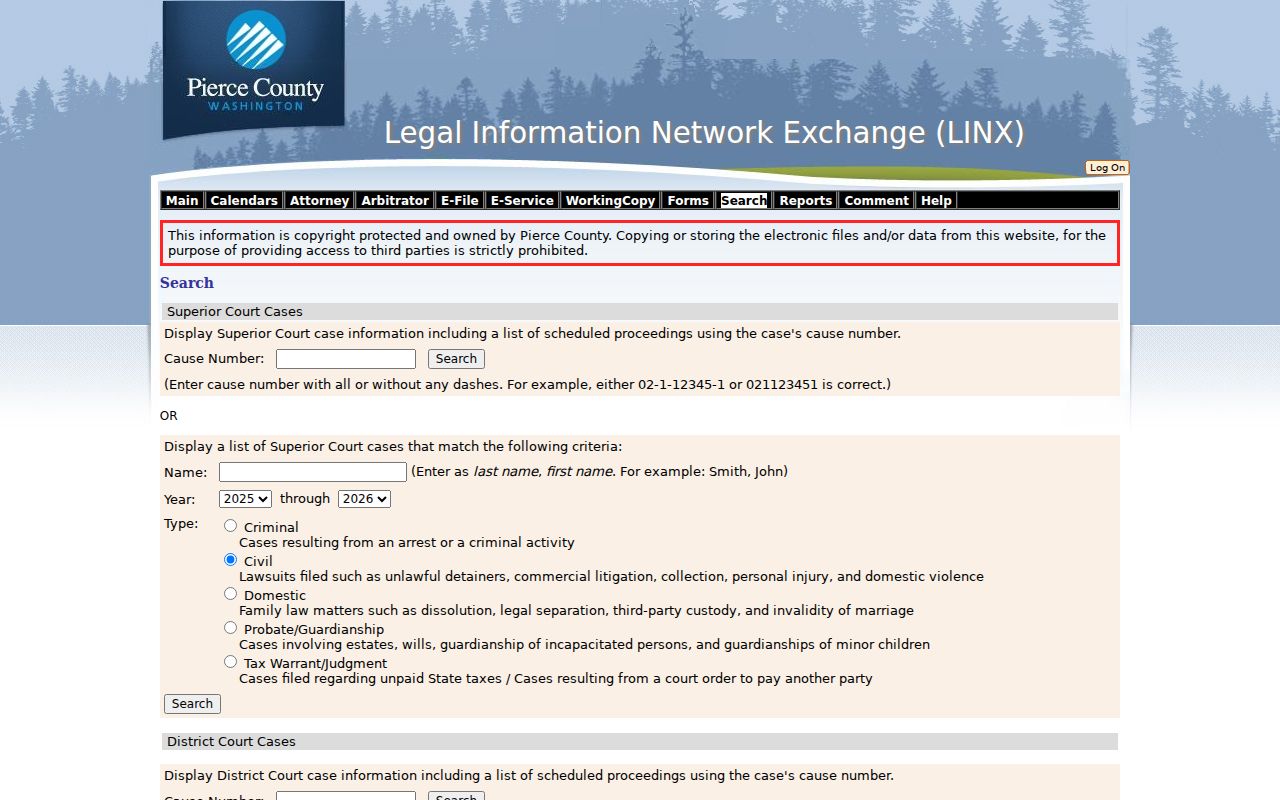 Lakewood court records access through Pierce County Superior Court LINX